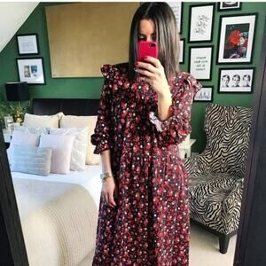 Zara Black Dark Floral Detail Print Puff Sleeve Midi Dress Sz Small